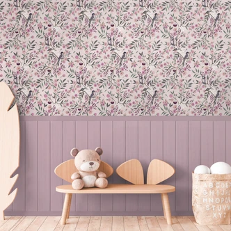 Vogels & Takken Roze - bloemenmonster met houten paneel - uittrekbaar Vliesbehang 