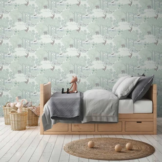 Forest wallpaper with animals green gray - kids wallpaper with bear & deer  