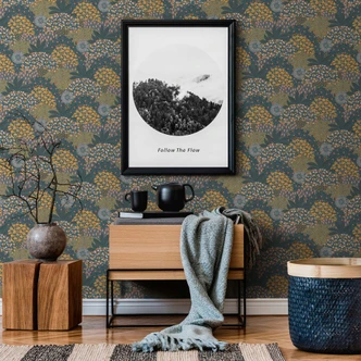 wallpaper leaves petrol - vintage floral wallpaper yellow blue - non-woven floral wallpaper 