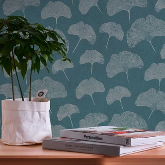 Blättertapete Blau Weiß - Florale Vliestapete - Tapete Wohnzimmer Schlafzimmer Büro 