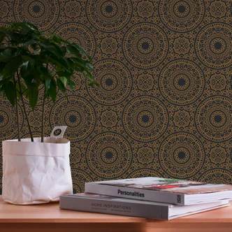 Mandala grafisk tapet guld svart - boho stil tapet - non-woven tapet vardagsrum kök 