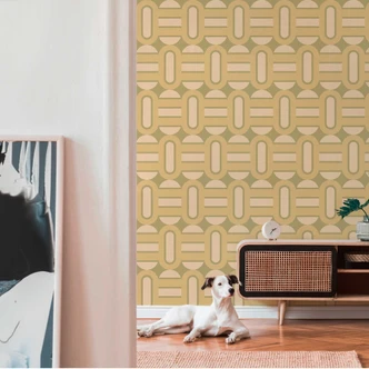 Groen grafisch behang crème - vintage Vliesbehang in retro look - Patroonbehang textuur peel & stick behang 