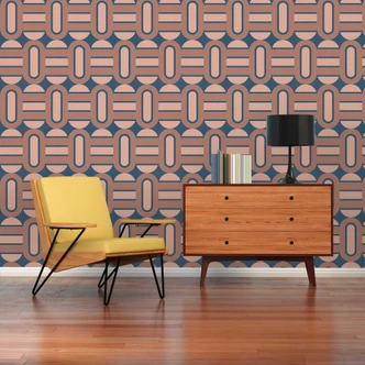 Blauw bruin grafisch behang - vintage Vliesbehang in retro look - Patroonbehang 