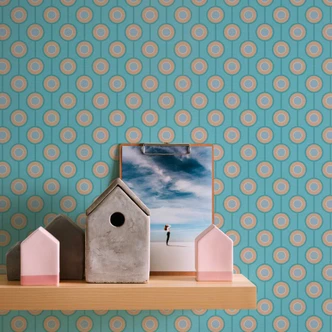Retro wallpaper blue turquoise - dotted non-woven wallpaper with graphic sample - textured peel and stick wallpaper 