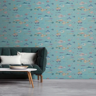 Maritime wallpaper fish mint green - non-woven wallpaper with underwater motif - wallpaper for children 