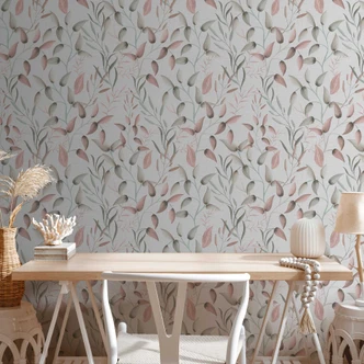 Blommig tapet blad akvarell - Icke-vävd tapet i rosa grön beige - växt tapet 