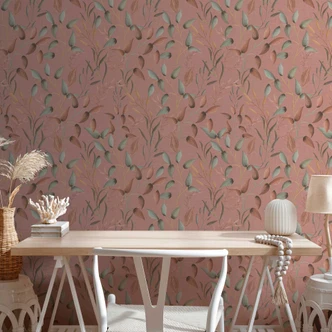 Bloemen behang bladeren aquarel - Vliesbehang in schemerig roze groen bruin - planten behang 
