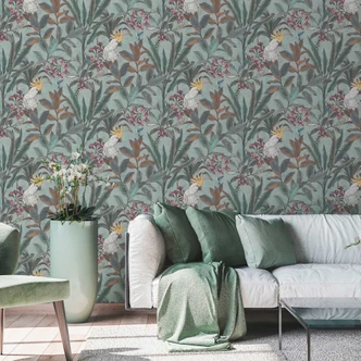 Carta da parati Jungle con cacatua - Carta da parati in tessuto non tessuto in verde rosa giallo - Carta da parati a motivi esotici Carta da parati Jungle con cacatua - Carta da parati in tessuto non tessuto in verde rosa giallo - Carta da parati a motivi esotici