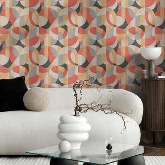 Carta da parati a motivi geometrici in giallo rosso grigio - Carta da parati moderna astratta e vibrante in tessuto non tessuto Carta da parati a motivi geometrici in giallo rosso grigio - Carta da parati moderna astratta e vibrante in tessuto non tessuto