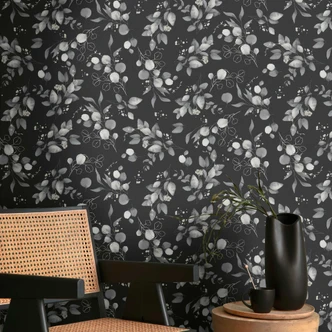 Florale Aquarell-Tapete Schwarz Grau – Vliestapete mit Blättern – Elegantes Naturmotiv 