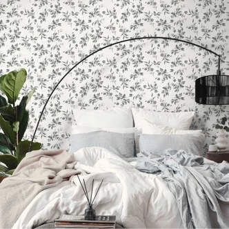 Carta da parati floreale in acquerello bianco grigio - Carta da parati in tessuto non tessuto con foglie - Carta da parati a motivi leggeri moderna 