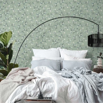 Blommig akvarell tapet grönblå - Icke-vävd tapet med löv - diskret mönster tapet 