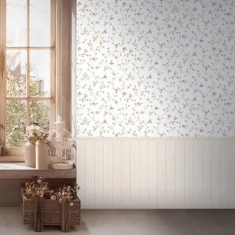 Bloemen Fotobehang met houten paneel roze groen beige - landhuisstijl uitschuifbaar 