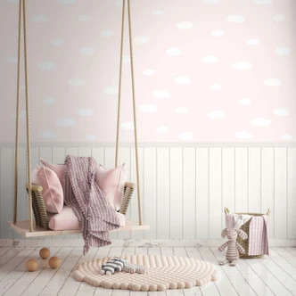 Wolken roze wit met houten paneel beige - Vliesbehang lief & uitzetbaar 