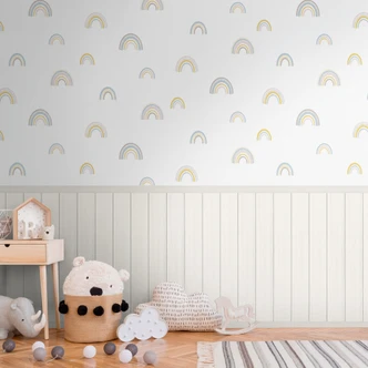 Pastel regenboog Fotobehang met houten paneel beige - Vliesbehang kinderkamer uitbreidbaar 
