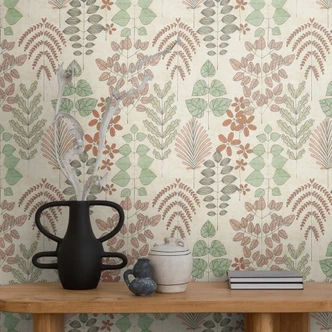 Carta da parati Skandi in tessuto non tessuto - sottile disegno di foglie in tonalità naturali e terracotta 