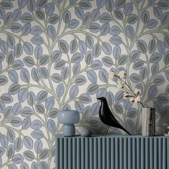 Carta da parati botanica in tessuto non tessuto - sottile disegno di foglie nei colori taupe e grigio pietra 