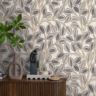 Tapete aus Vlies grafisch - dezentes Blätterdesign in Taupe & Naturton 