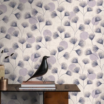 Carta da parati in tessuto non tessuto effetto cemento - sottile disegno a foglia in tonalità greige e naturale 