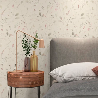 Wiesenblumen-Tapete Rosa Beige Weiß - Vliestapete mit floraler Aquarelloptik Wiesenblumen-Tapete Rosa Beige Weiß - Vliestapete mit floraler Aquarelloptik