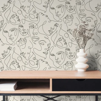 Gesichter-Tapete Line-Art Creme Schwarz - Vliestapete modern abstrakt Kunst Gesichter-Tapete Line-Art Creme Schwarz - Vliestapete modern abstrakt Kunst