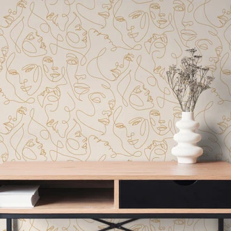 Gesichter-Tapete Line-Art Creme Gold - Vliestapete modern abstrakt elegant Gesichter-Tapete Line-Art Creme Gold - Vliestapete modern abstrakt elegant
