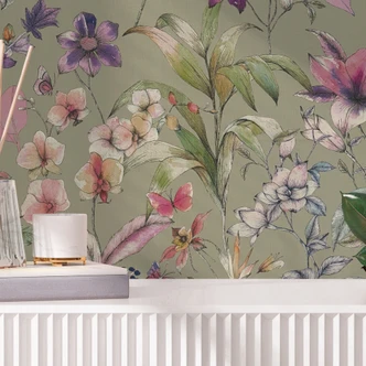 Vliestapete florales Design auf grünem Hintergrund mit Schmetterlingen Vliestapete florales Design auf grünem Hintergrund mit Schmetterlingen