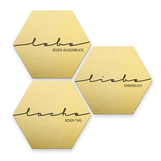 Hexagon - Alu-Dibond-Goldeffekt - Lebe, Lache, Liebe (3er Set) 