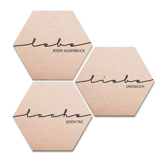 Hexagon - Alu-Dibond-Kupfereffekt - Lebe, Lache, Liebe (3er Set) 