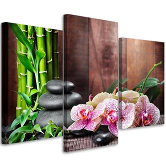 Impression sur toile en 3 parties Orchidées Bambou Pierres Zen 
