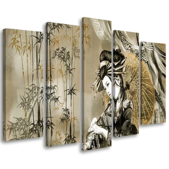 Leinwandbild 5 teilig, Geisha und Bambus 