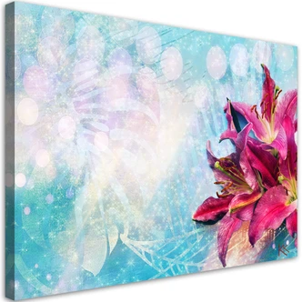 Leinwandbild, Rosa Blumen auf blauem Hintergrund 