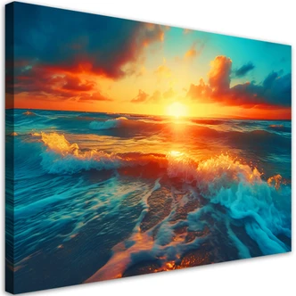 Canvasbillede, Solnedgang og havets bølger 