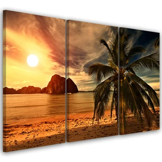 3-delige canvasprint, palmbomen bij zonsondergang op zee 