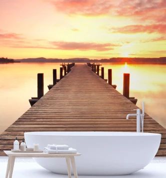 Fototapete, Steg Sonnenuntergang am See 
