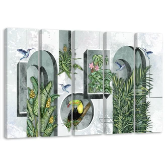 Leinwandbild 5 teilig, Formen in der Wand mit Pflanzen und Vögeln Toucan Koliber 