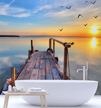Fototapete, Sonnenuntergang Steg Vögel 