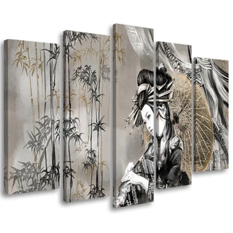 Leinwandbild 5 teilig, Geisha und Bambus 