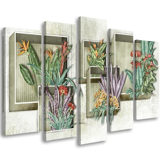Leinwandbild 5 teilig, Quadratkisten Regale mit Blumen 