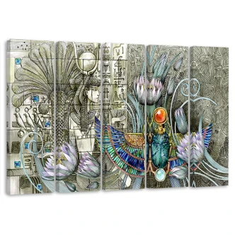 Leinwandbild 5 teilig, Ägyptische Hieroglyphen und Skarabäen 