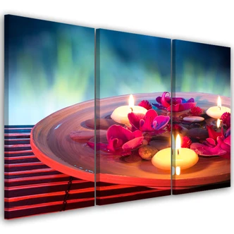 Leinwandbild 3-teilig, Zen-Blumen-Kerze 