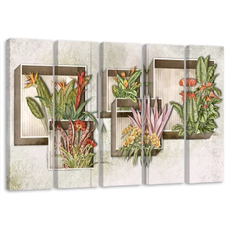 Leinwandbild 5 teilig, Quadratkisten Regale mit Blumen 