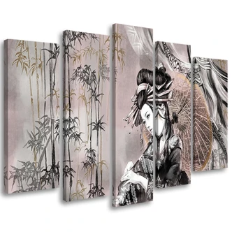 Leinwandbild 5 teilig, Geisha und Bambus 
