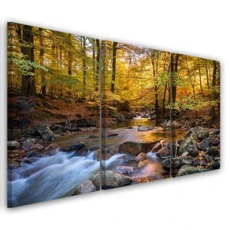 Tableau sur Toile en 3 parties Forêt Automne Ruisseau Nature 