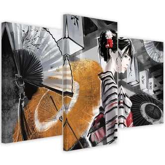 Leinwandbild 3 teilig, Geisha mit einem Fan 
