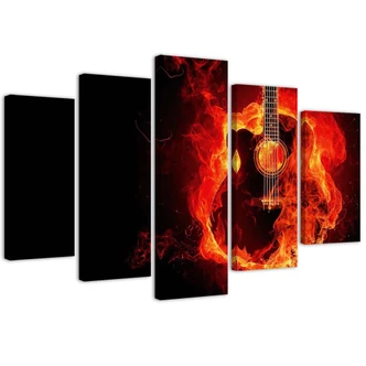 Leinwandbild 5 teilig, Gitarre Musik Feuer 