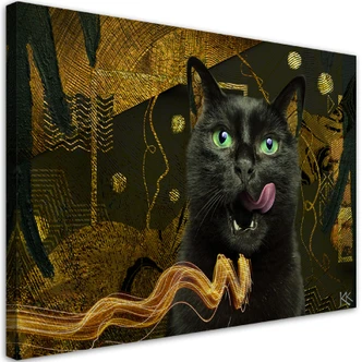 Canvas schilderij, Zwarte kat goud abstractie 