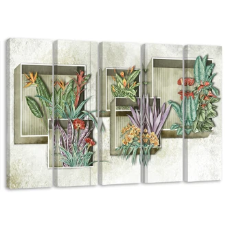 Leinwandbild 5 teilig, Quadratkisten Regale mit Blumen 