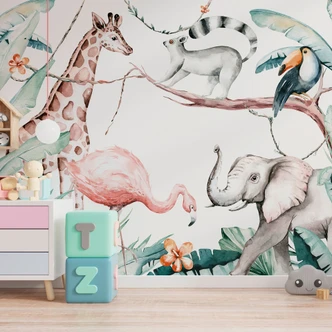 Animals SafariFriends wallpaper in white green - non-woven wallpaper Designwalls 2 - 2.55 x 3.5 m 