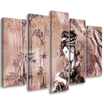 Leinwandbild 5 teilig, Geisha und Bambus 
